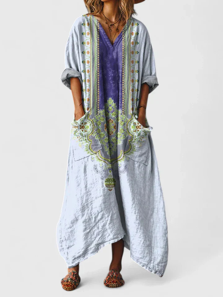 Boho Print Cotton Womens Maxi Dress, V-Neck Pockets