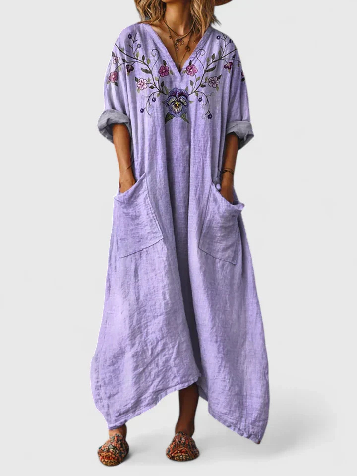 Boho Print Cotton Womens Maxi Dress, V-Neck Pockets