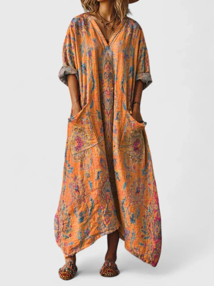 Boho Print Cotton Womens Maxi Dress, V-Neck Pockets