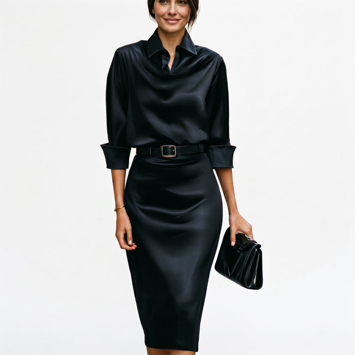 Satin Cocktail Womens Midi Dress, Draped Collar Sleeve