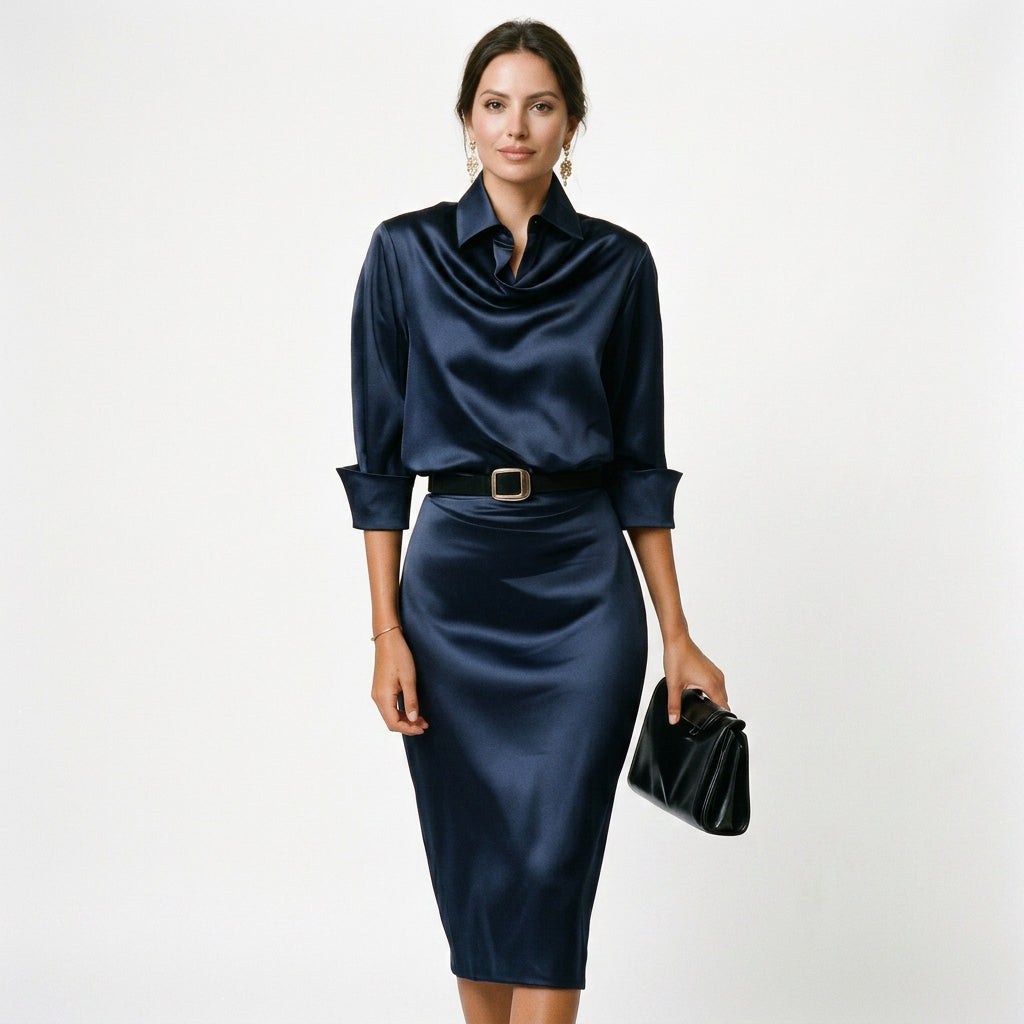Satin Cocktail Womens Midi Dress, Draped Collar Sleeve