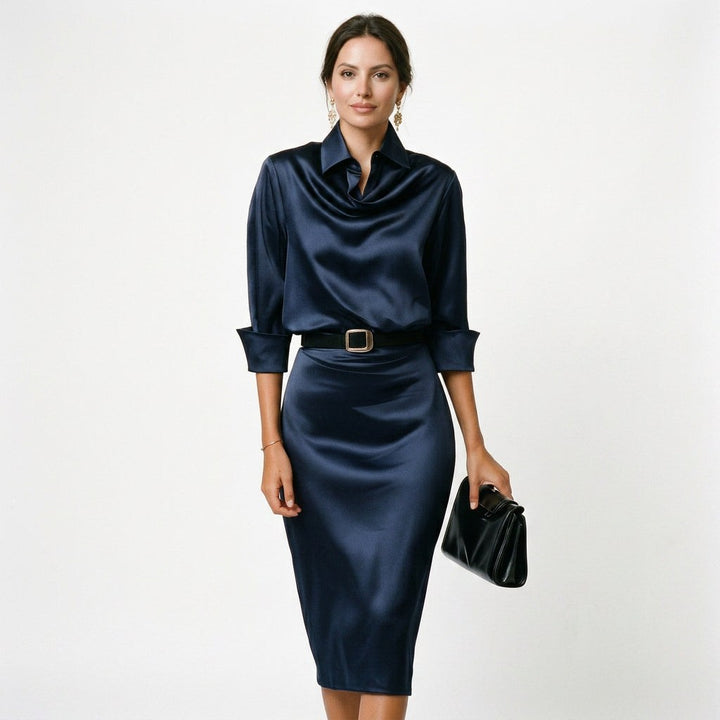 Satin Cocktail Womens Midi Dress, Draped Collar Sleeve
