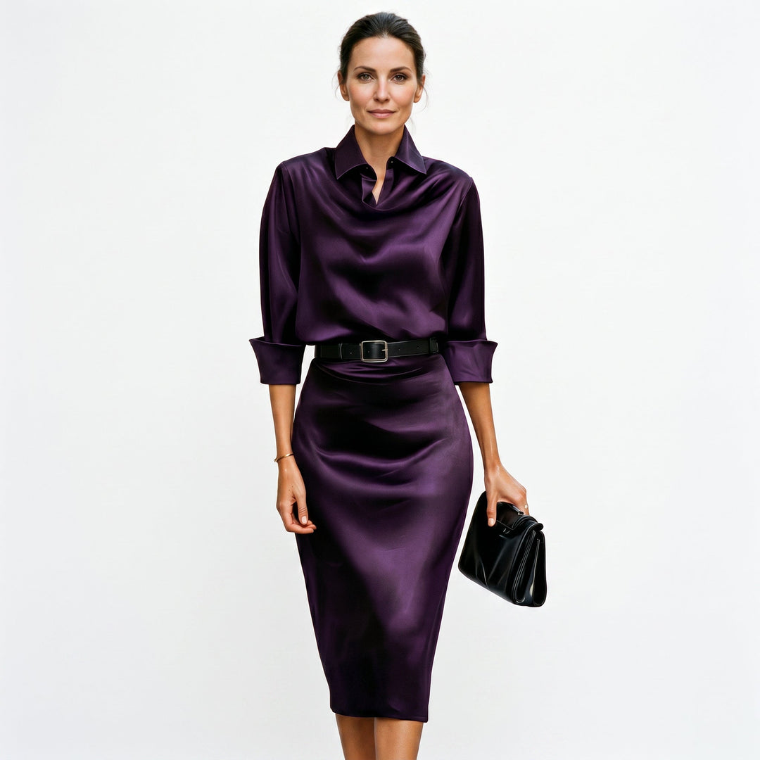 Satin Cocktail Womens Midi Dress, Draped Collar Sleeve