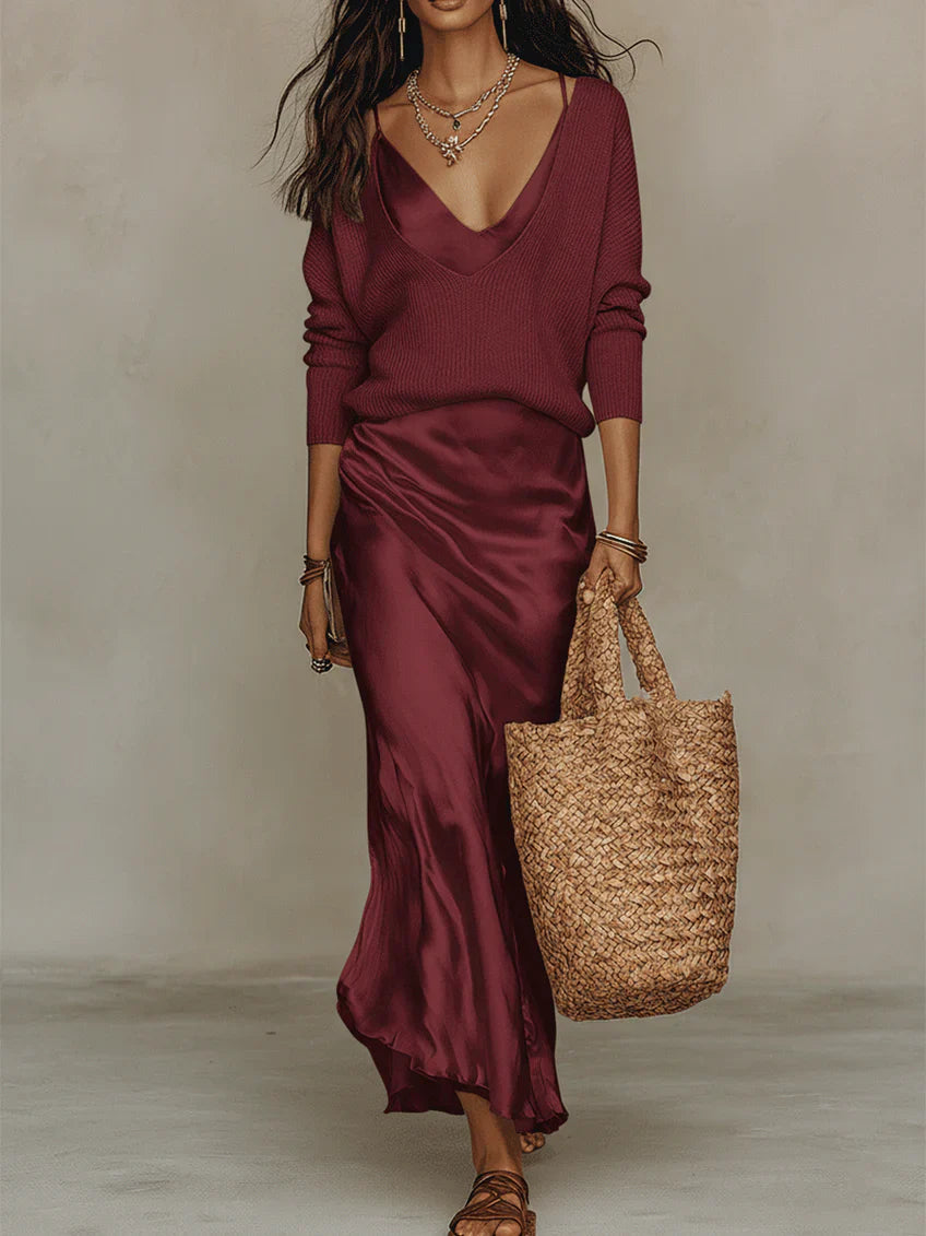 Satin Midi Dress &amp; Womens Knit Sweater Set, Two-Piece