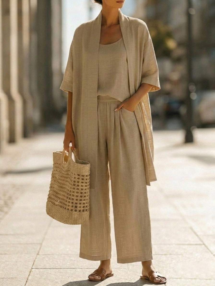 Linen-Cotton Womens Three-Piece Co-Ord Set, Relaxed