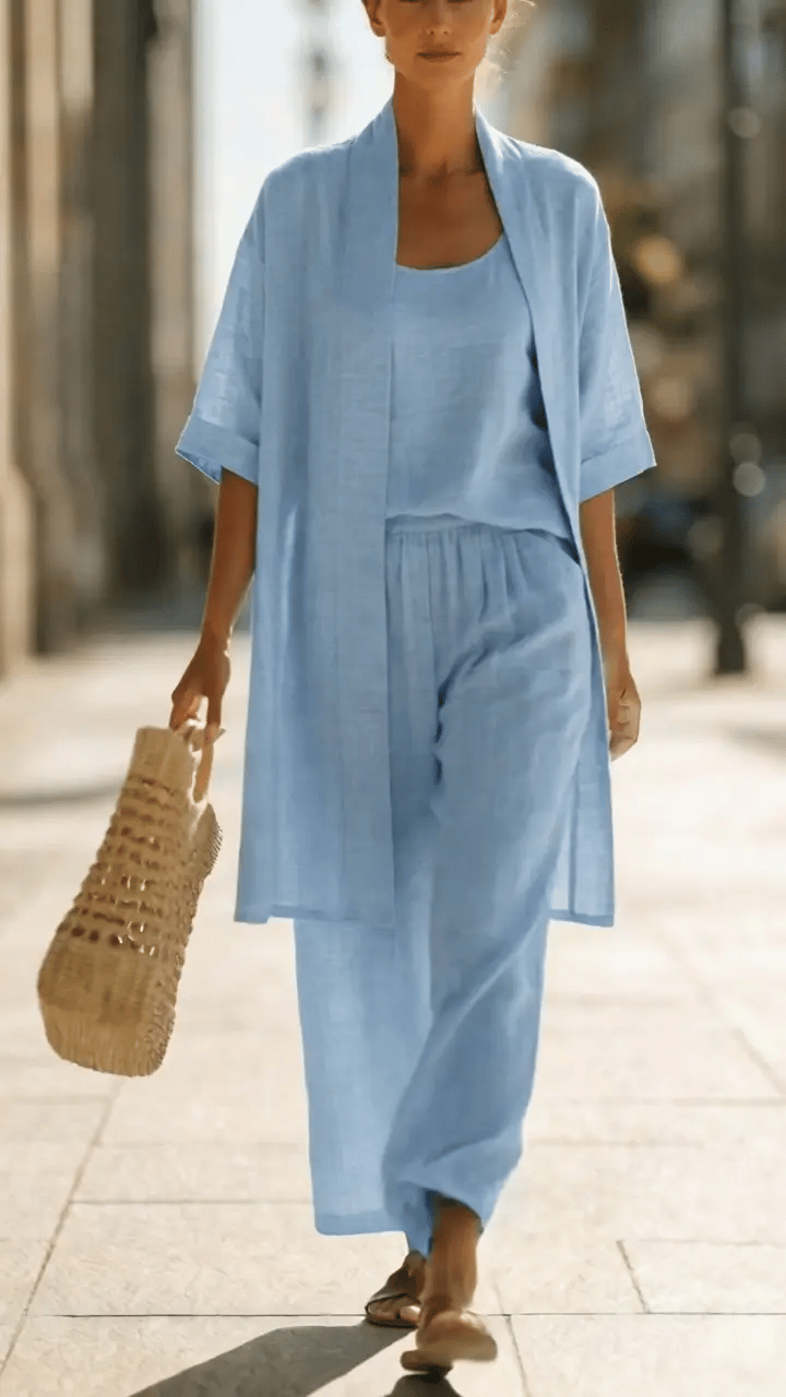 Linen-Cotton Womens Three-Piece Co-Ord Set, Relaxed
