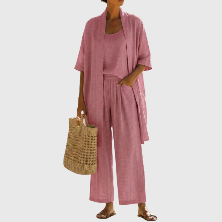 Linen-Cotton Womens Three-Piece Co-Ord Set, Relaxed