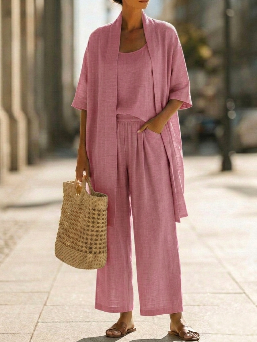 Linen-Cotton Womens Three-Piece Co-Ord Set, Relaxed