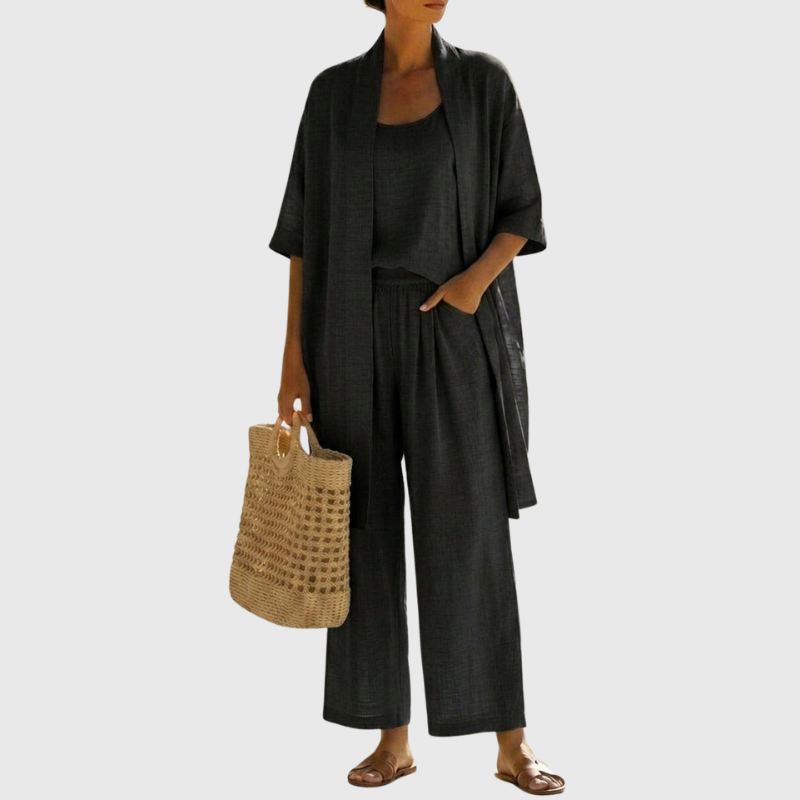 Linen-Cotton Womens Three-Piece Co-Ord Set, Relaxed