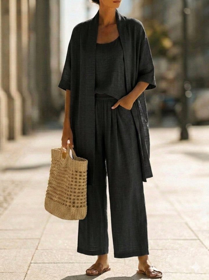 Linen-Cotton Womens Three-Piece Co-Ord Set, Relaxed