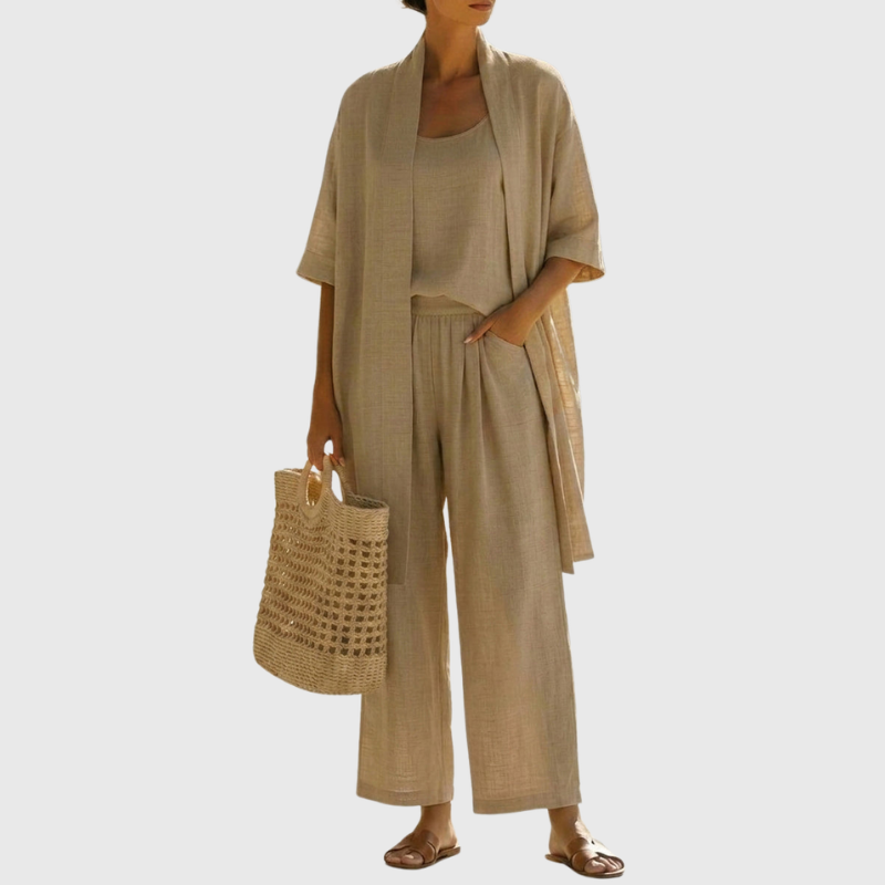 Linen-Cotton Womens Three-Piece Co-Ord Set, Relaxed