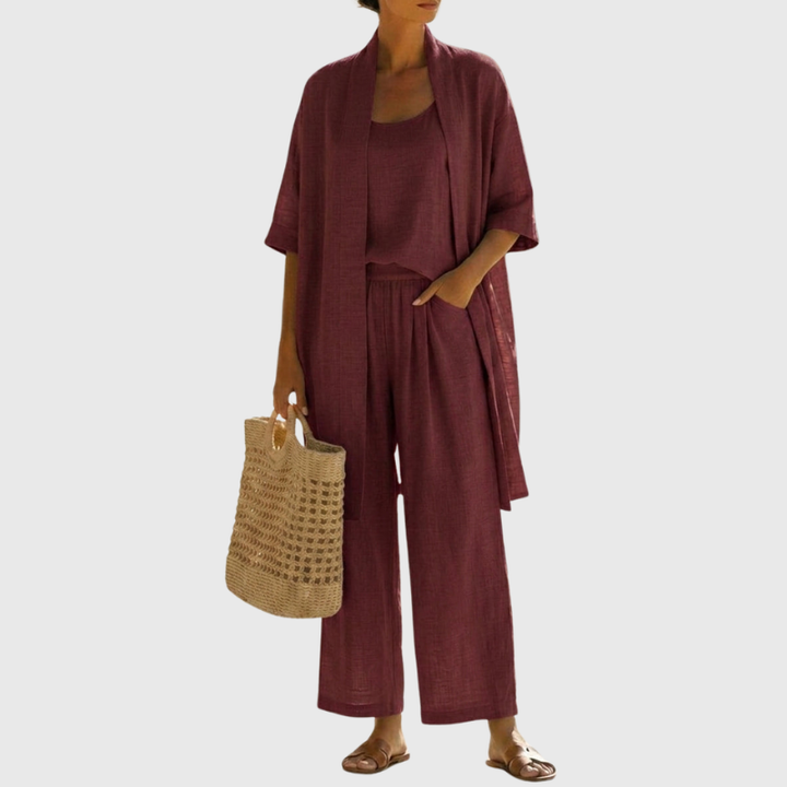 Linen-Cotton Womens Three-Piece Co-Ord Set, Relaxed