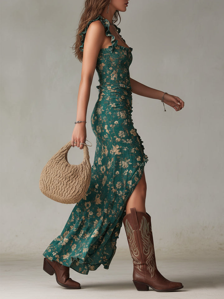 Floral Ruffle-Sleeve Boho Womens Maxi Dress, Side Slit