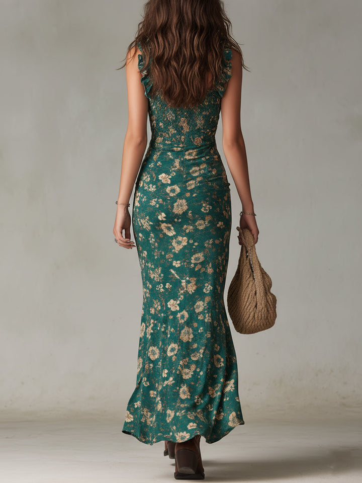 Floral Ruffle-Sleeve Boho Womens Maxi Dress, Side Slit