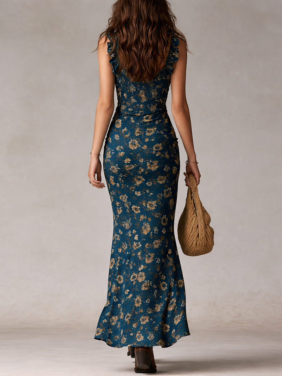 Floral Ruffle-Sleeve Boho Womens Maxi Dress, Side Slit