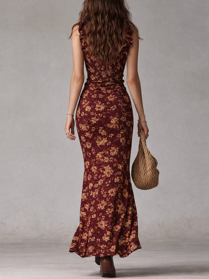 Floral Ruffle-Sleeve Boho Womens Maxi Dress, Side Slit