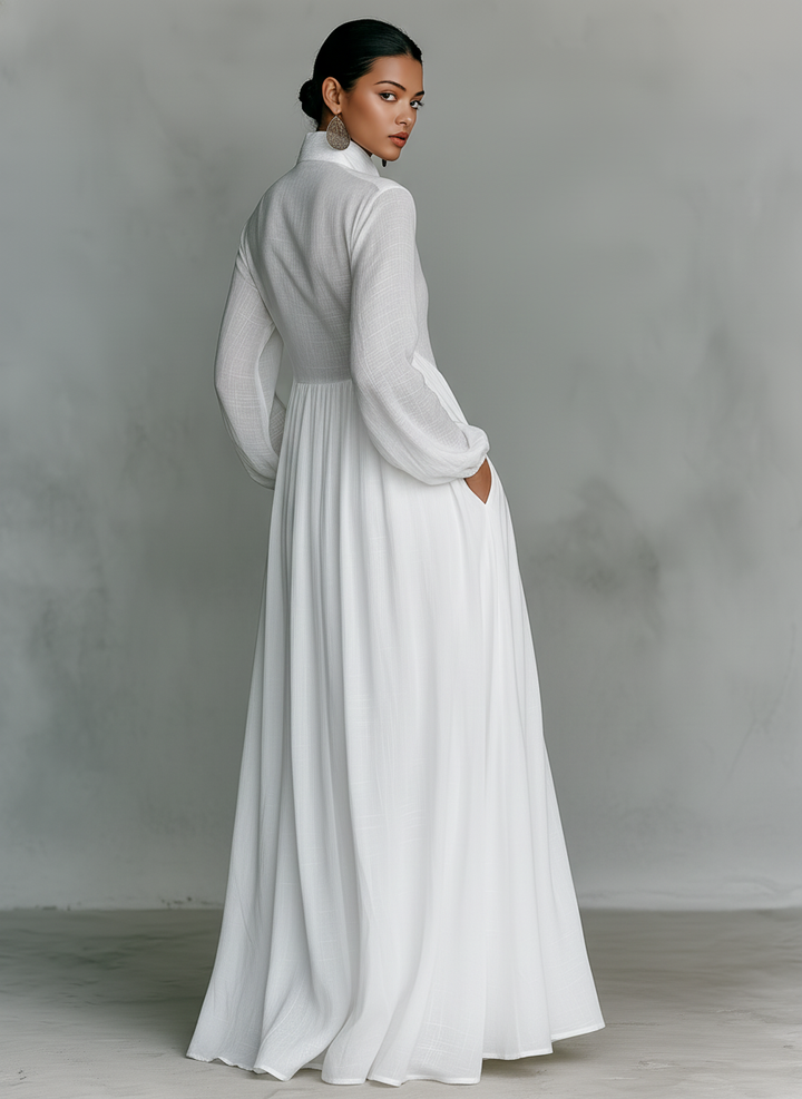 Stand-Collar Cotton-Linen Womens Maxi Dress, Long Sleeve