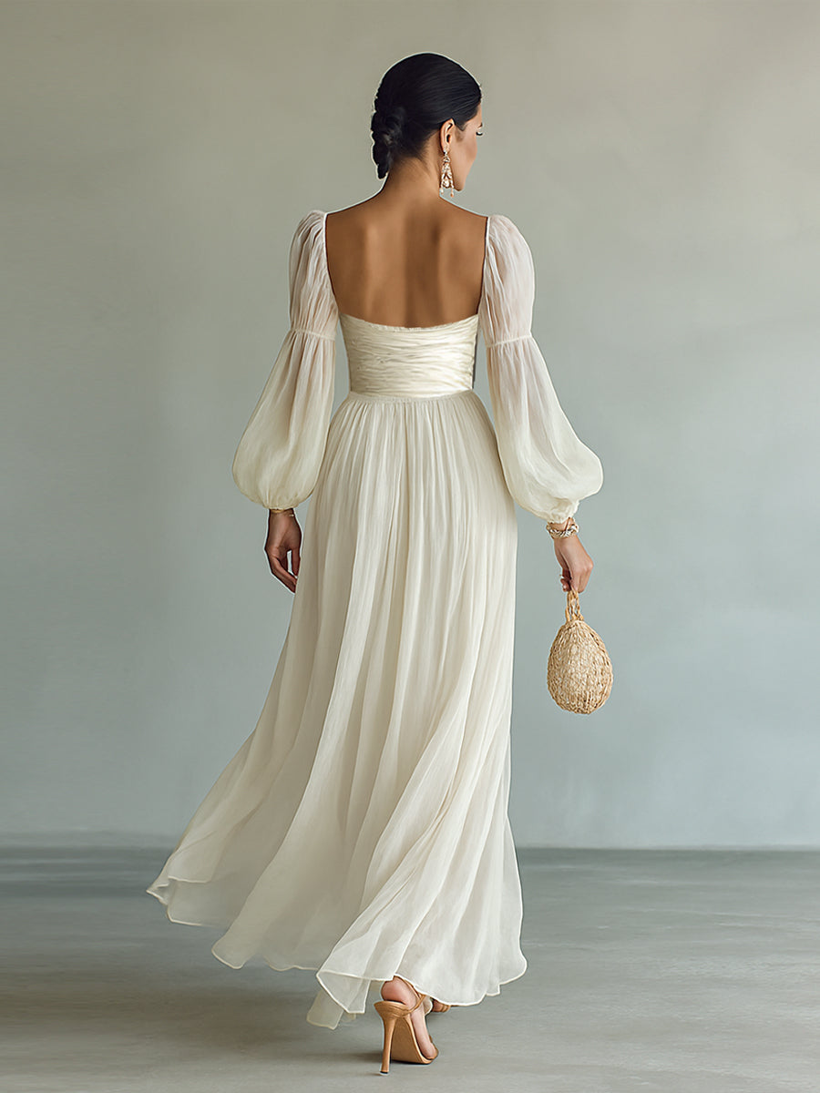 Square-Neck Long-Sleeve Chiffon Womens Maxi Dress