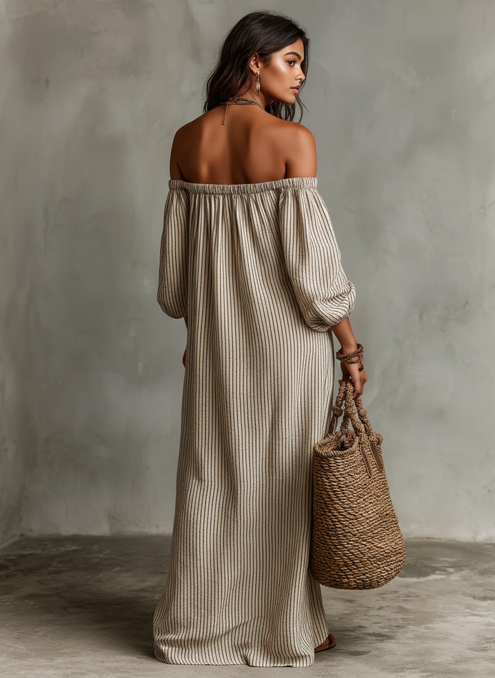 Off-Shoulder Cotton-Linen Womens Maxi Dress, Long Sleeve