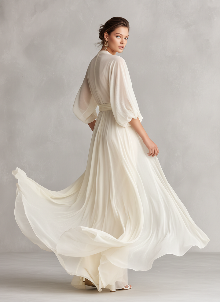 Puff-Sleeve Chiffon Womens Wrap Maxi Dress, Formal Gown