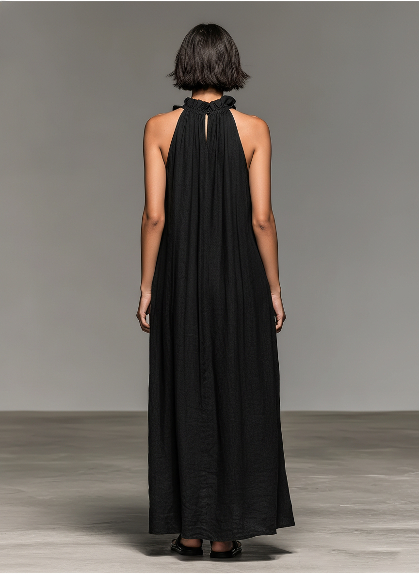Ruffle-Trim Sleeveless Womens Maxi Dress in Linen Blend