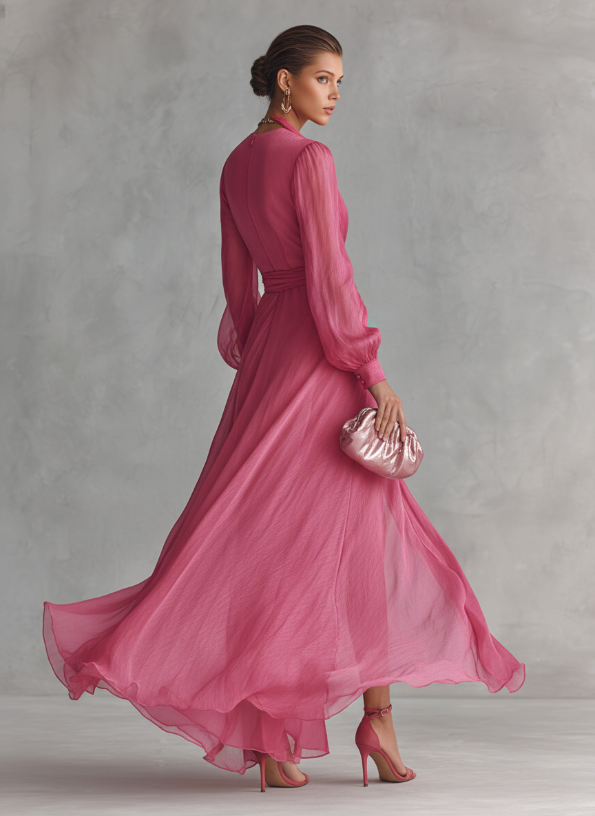 V-Neck Tie-Waist Chiffon Womens Maxi Dress, Side Slit