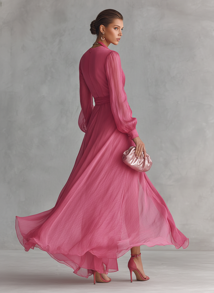 V-Neck Tie-Waist Chiffon Womens Maxi Dress, Side Slit