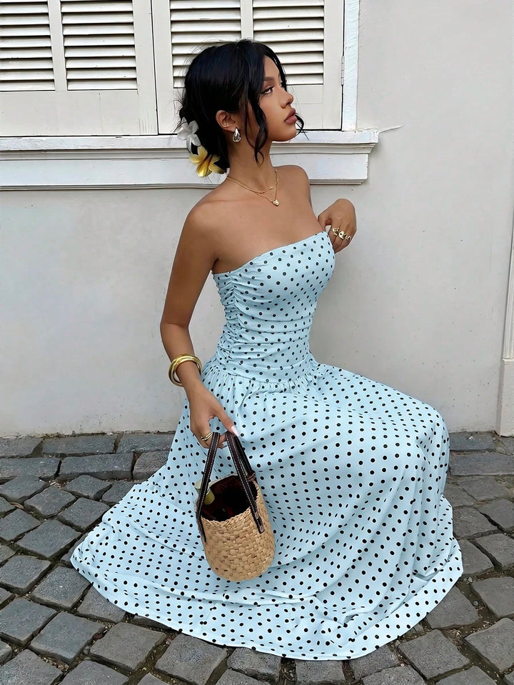 Polka-Dot Bandeau Womens Maxi Dress, Waist-Cinched Knit