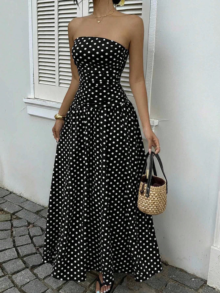 Polka-Dot Bandeau Womens Maxi Dress, Waist-Cinched Knit