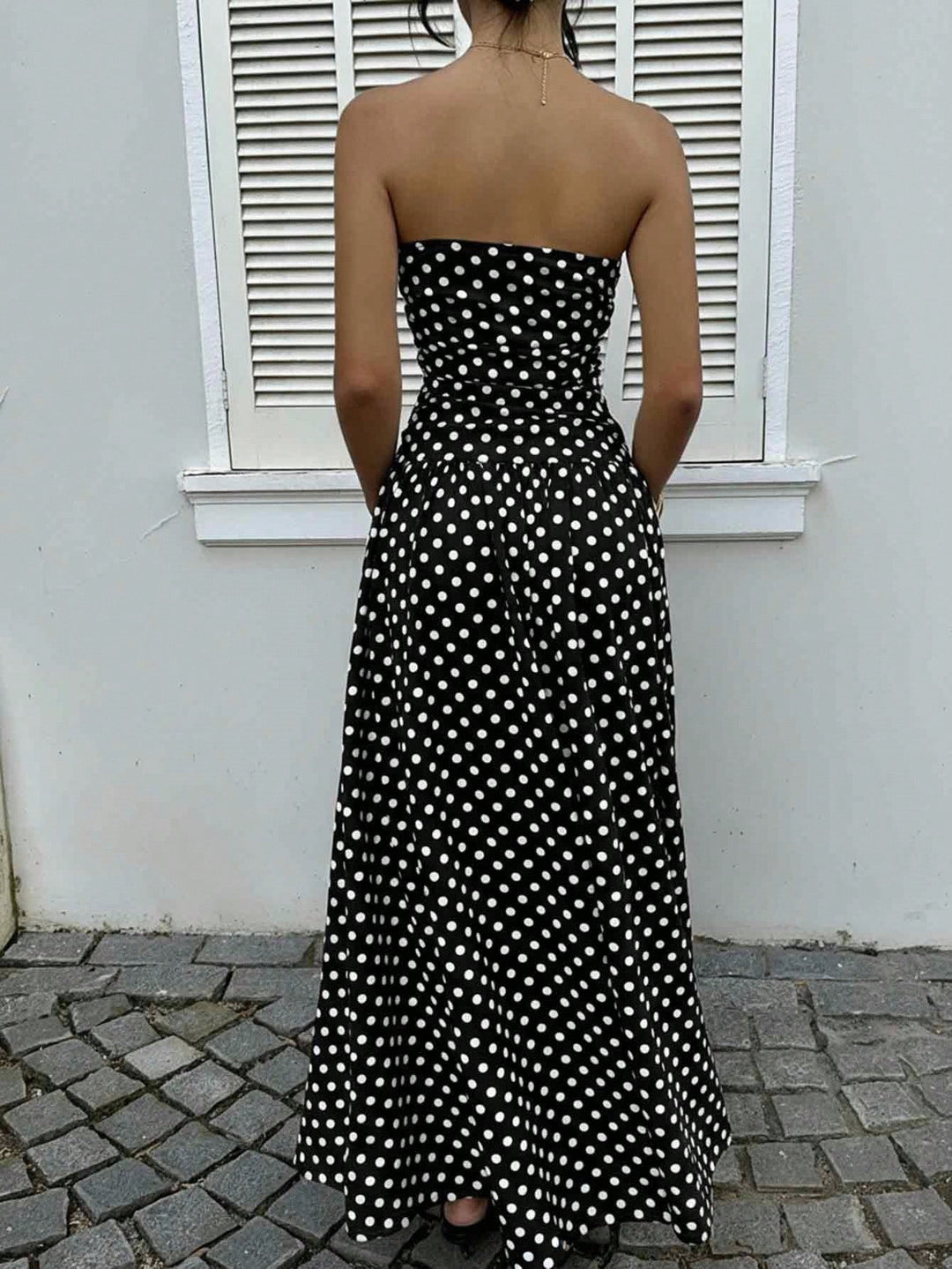 Polka-Dot Bandeau Womens Maxi Dress, Waist-Cinched Knit