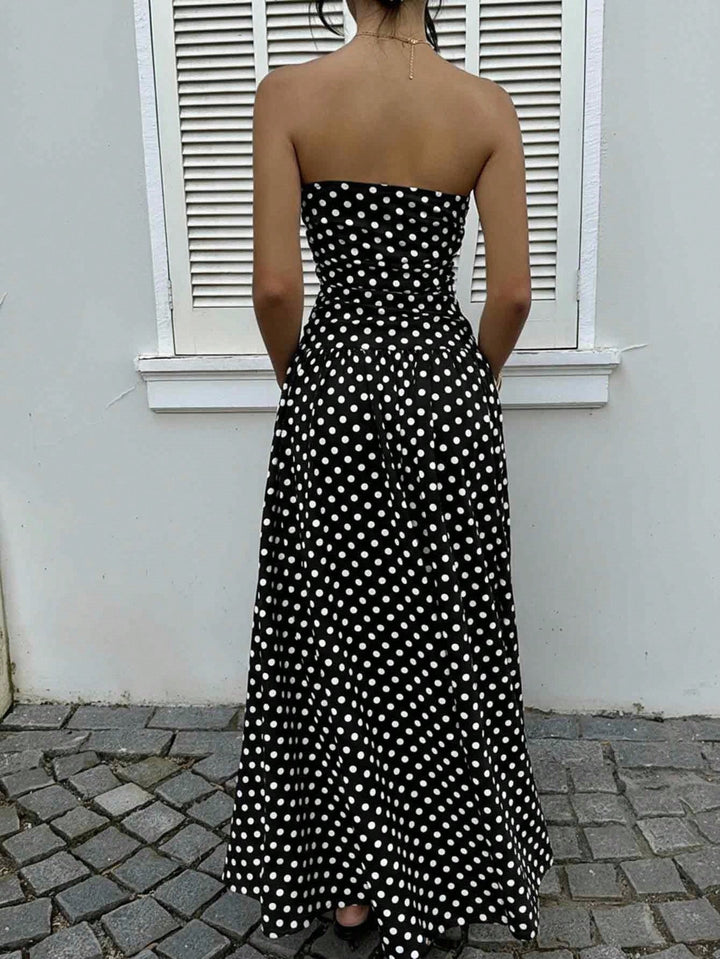 Polka-Dot Bandeau Womens Maxi Dress, Waist-Cinched Knit