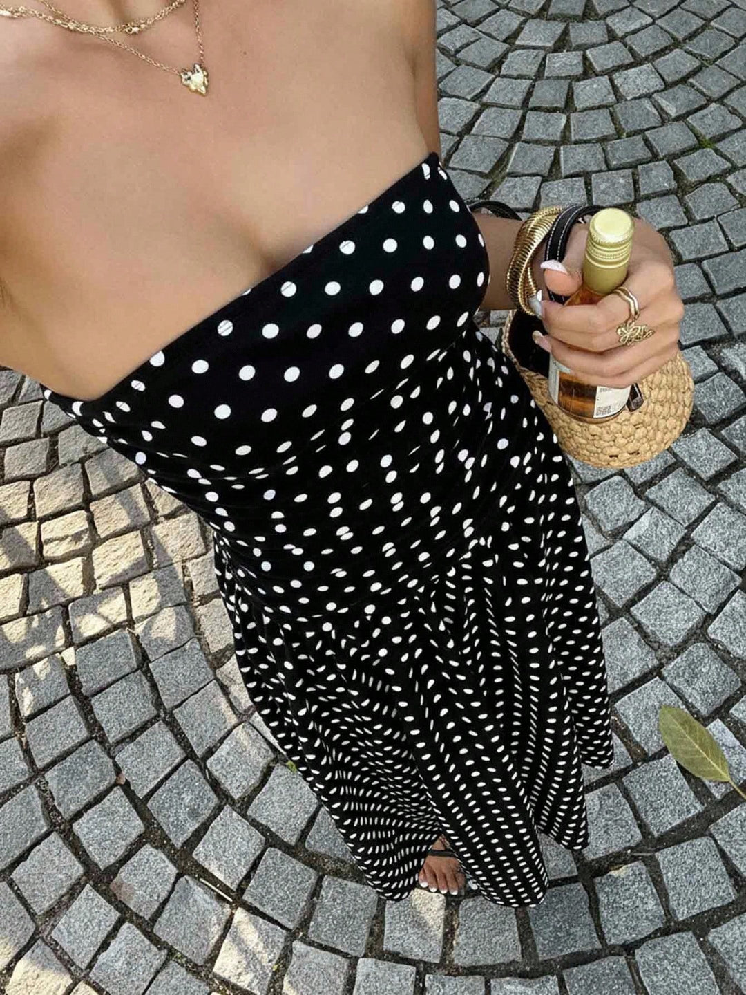 Polka-Dot Bandeau Womens Maxi Dress, Waist-Cinched Knit