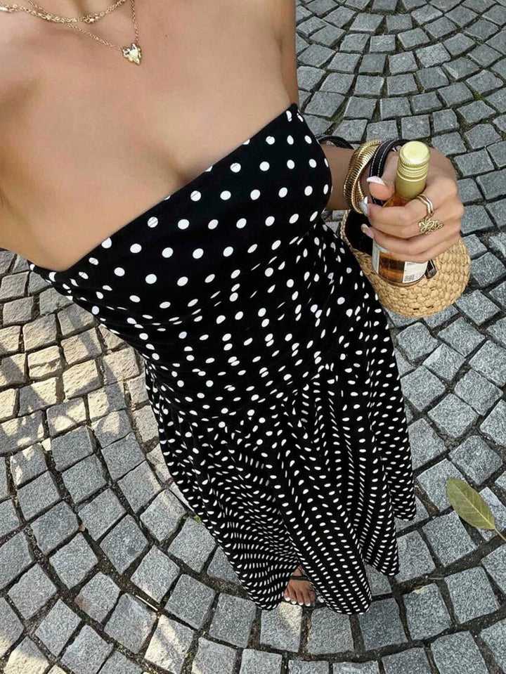 Polka-Dot Bandeau Womens Maxi Dress, Waist-Cinched Knit