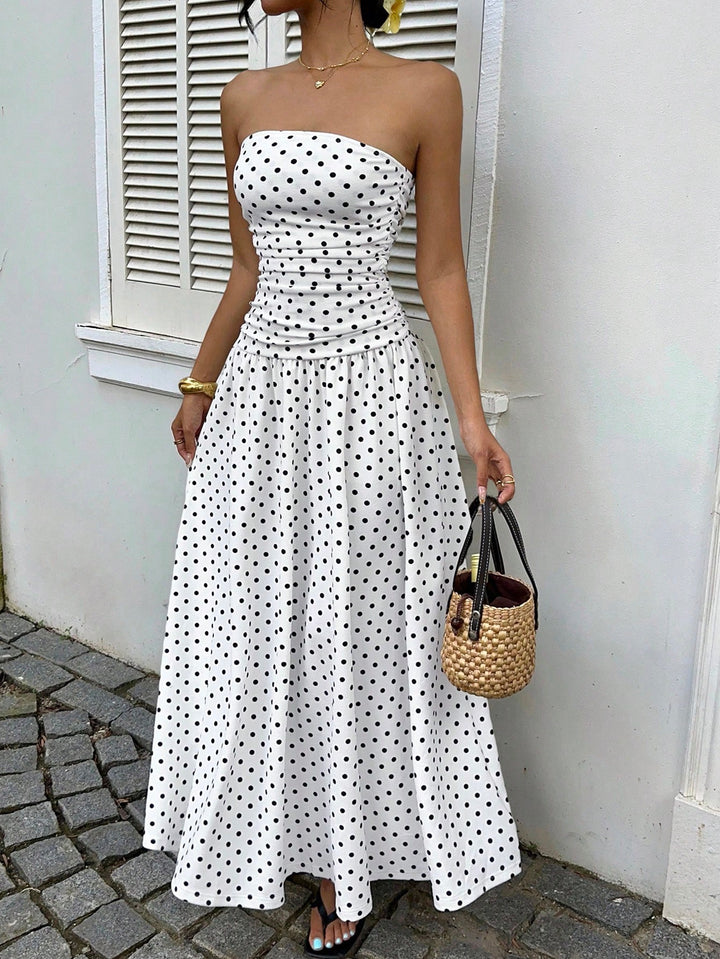 Polka-Dot Bandeau Womens Maxi Dress, Waist-Cinched Knit