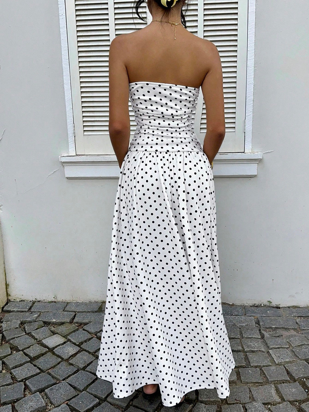 Polka-Dot Bandeau Womens Maxi Dress, Waist-Cinched Knit