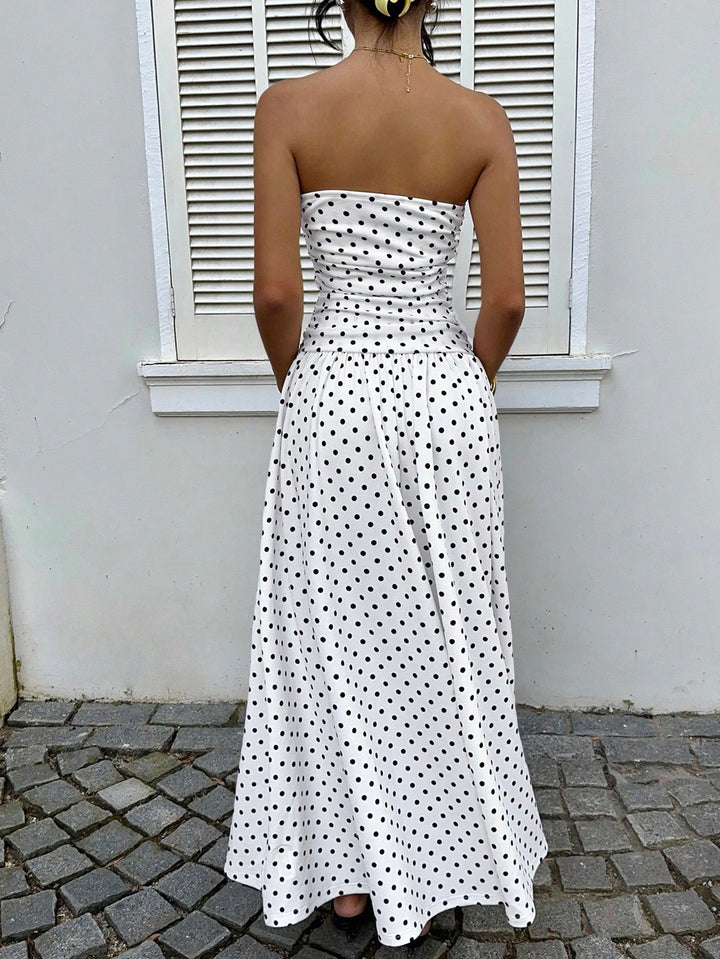 Polka-Dot Bandeau Womens Maxi Dress, Waist-Cinched Knit