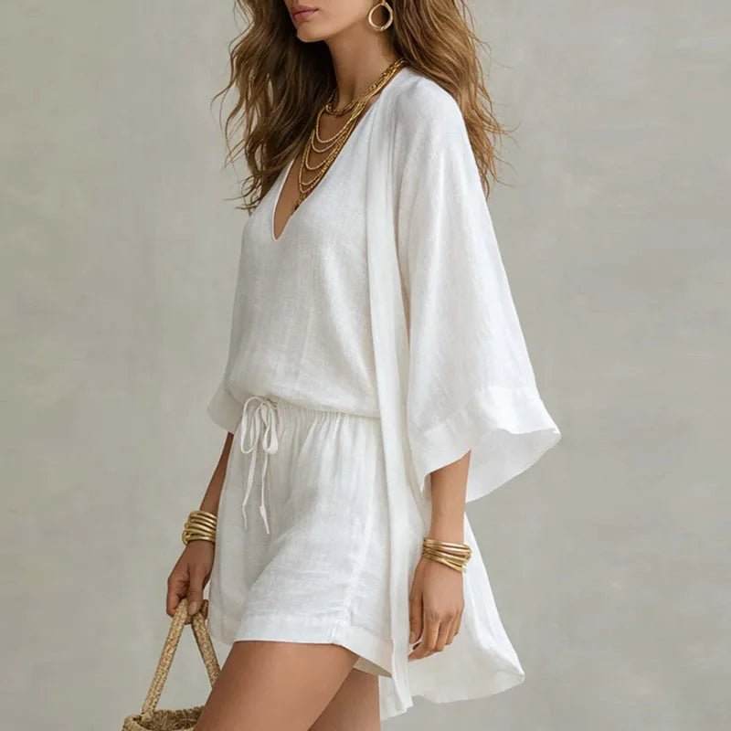 Cotton-Linen Womens Three-Piece Set, Top Shorts Kimono