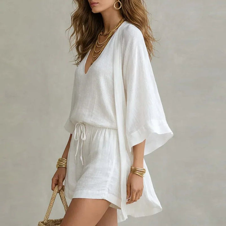 Cotton-Linen Womens Three-Piece Set, Top Shorts Kimono