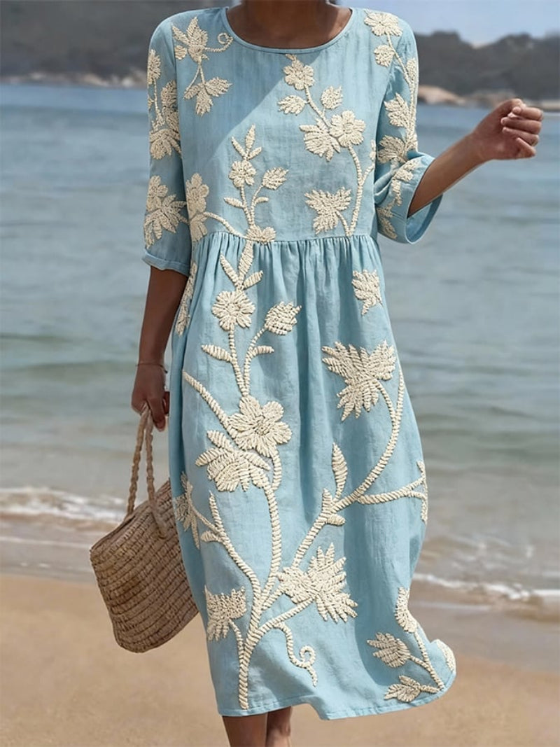 Floral Embroidered Womens Midi Dress, 3/4 Sleeve Elegant