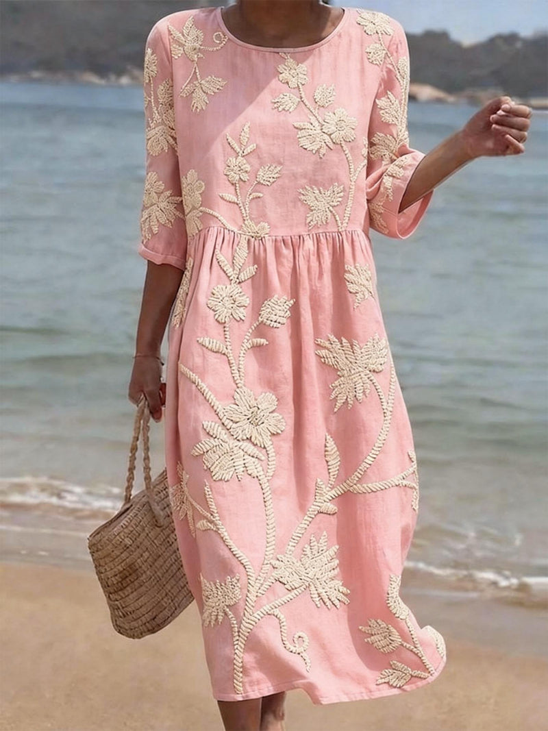 Floral Embroidered Womens Midi Dress, 3/4 Sleeve Elegant
