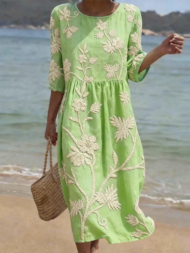 Floral Embroidered Womens Midi Dress, 3/4 Sleeve Elegant