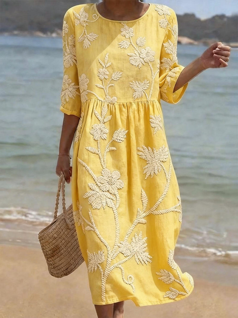Floral Embroidered Womens Midi Dress, 3/4 Sleeve Elegant