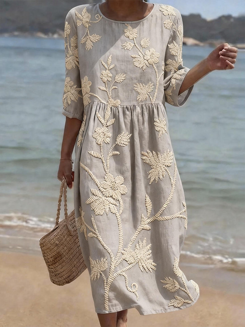 Floral Embroidered Womens Midi Dress, 3/4 Sleeve Elegant
