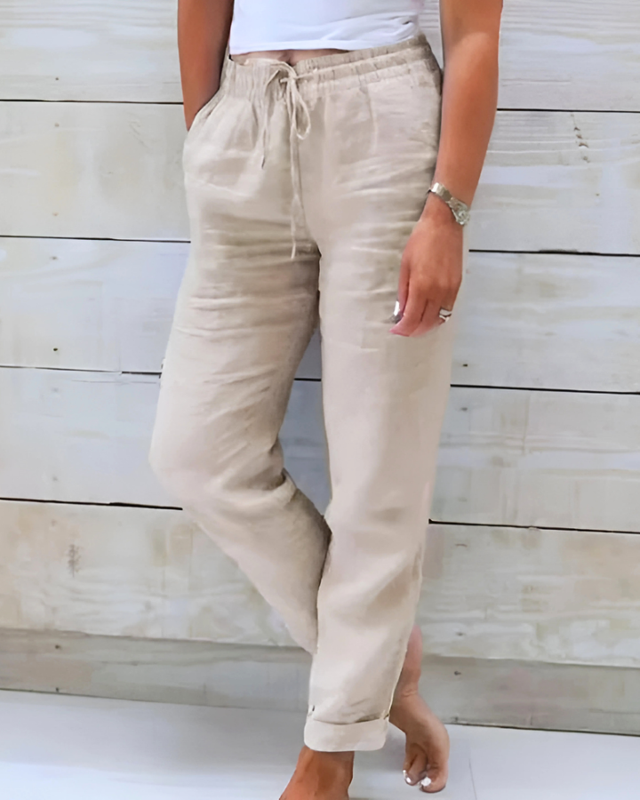 Elastic-Waist Tapered Cotton Womens Pants, Stretch Fit
