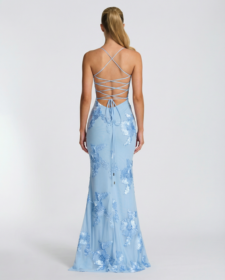 Floral Appliqué Womens Mermaid Maxi Dress, Formal Prom