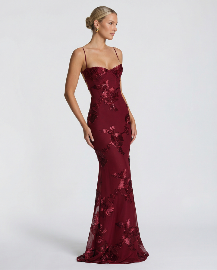 Floral Appliqué Womens Mermaid Maxi Dress, Formal Prom
