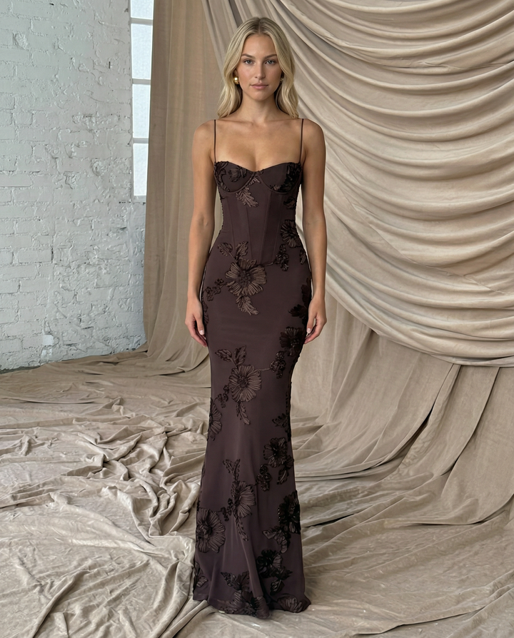 Floral Appliqué Womens Mermaid Maxi Dress, Formal Prom