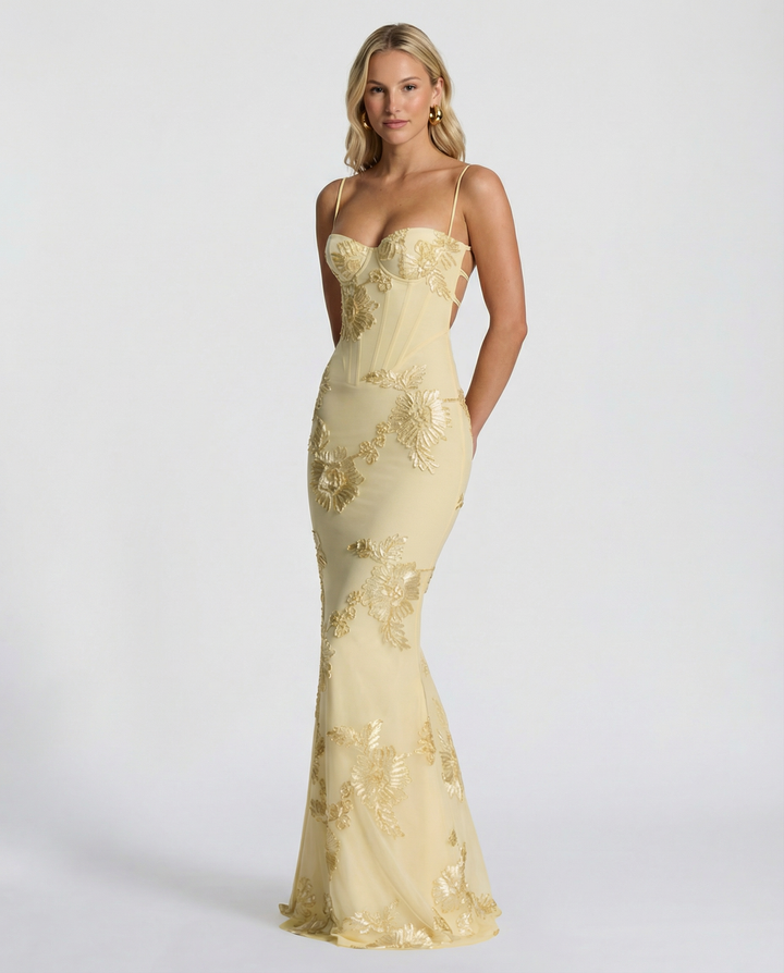 Floral Appliqué Womens Mermaid Maxi Dress, Formal Prom