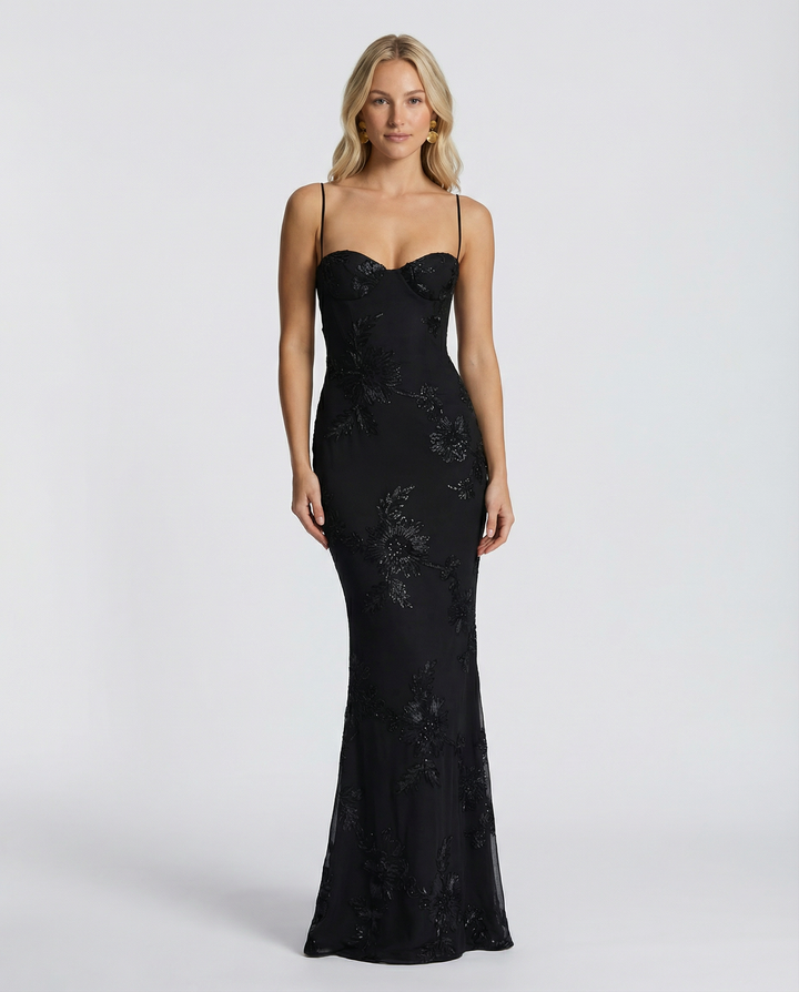 Floral Appliqué Womens Mermaid Maxi Dress, Formal Prom