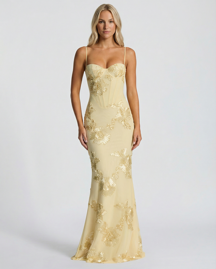 Floral Appliqué Womens Mermaid Maxi Dress, Formal Prom